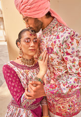 Exclusively for couple combo pink designer outfit in pure pv silk and foil print with detailed hand mirror work
